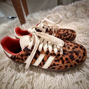 adidas Leopard-Print Sneakers with Cream Stripes and Red Lining